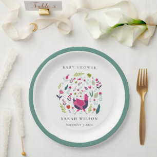 Elegant Bright Folk Farm Floral Birdie Baby Shower Pappteller