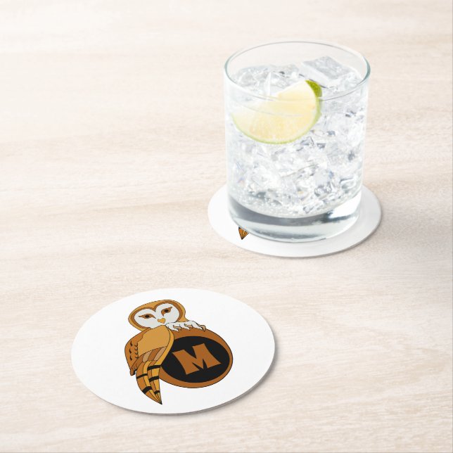 Elegant British Barn Owl Monogram Runder Pappuntersetzer (Vor Ort)