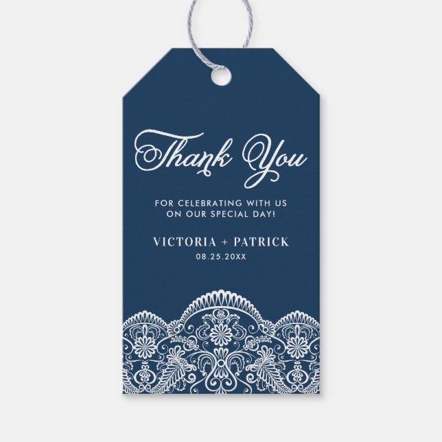 Elegant Brocade Lace Blue Wedding Vielen Dank Geschenkanhänger (Vorderseite)