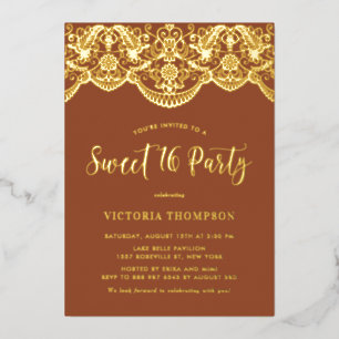 Elegant Brocade Lace Terracotta Süß 16 Party Folieneinladung