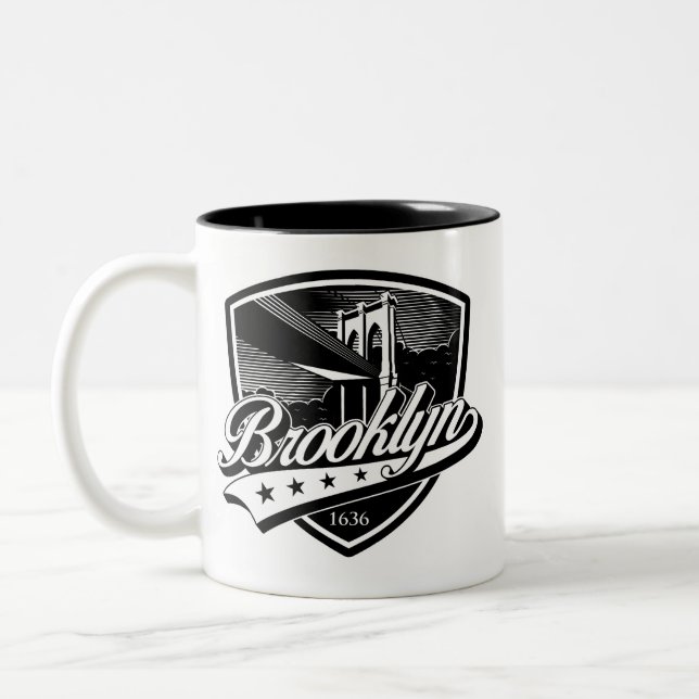 Elegant Brooklyn Swoosh Logo Design Zweifarbige Tasse (Links)
