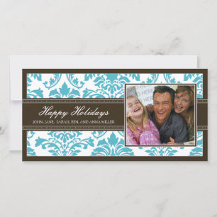 Elegant Brown & Aqua Damask Custom Happy Holidays Feiertagskarte