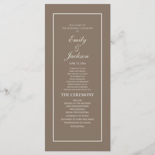 Elegant Brown Cream Script Wedding Program Programm (Vorderseite)