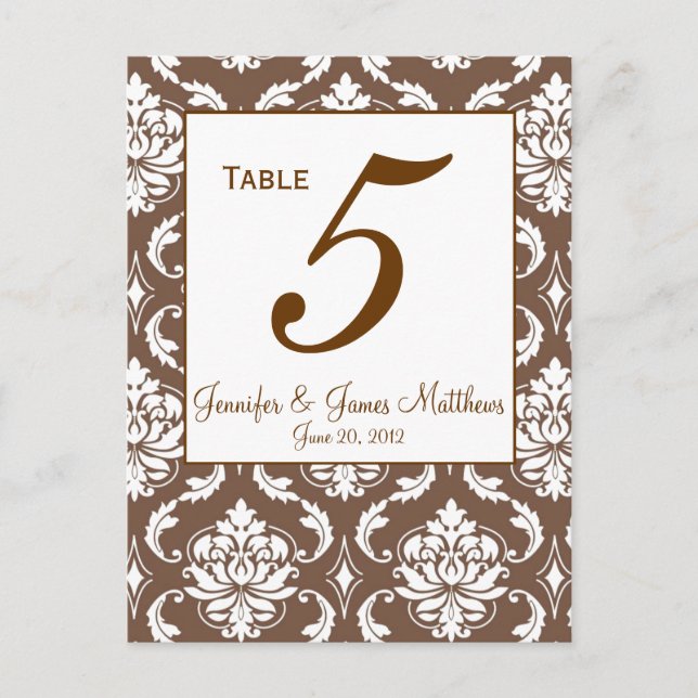 Elegant Brown Damask Wedding Tischnummer (Vorderseite)