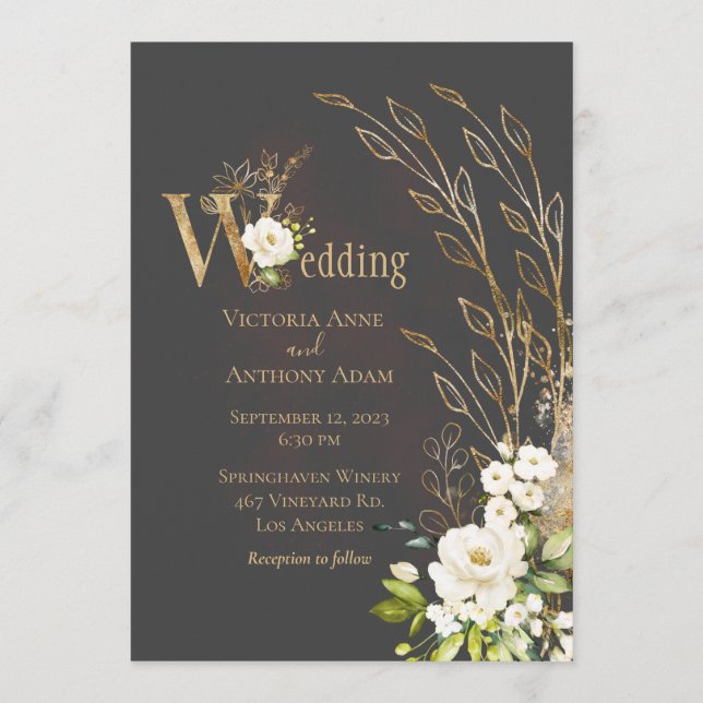 Elegant Brown Floral Rustic Script Wedding Einladung (Vorderseite)