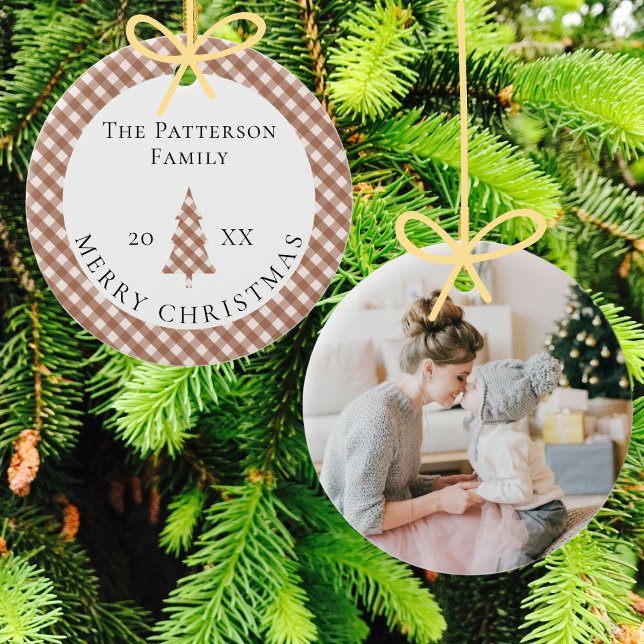 Elegant Brown Gingham Plaid Photo Merry Christmas Keramik Ornament (Von Creator hochgeladen)