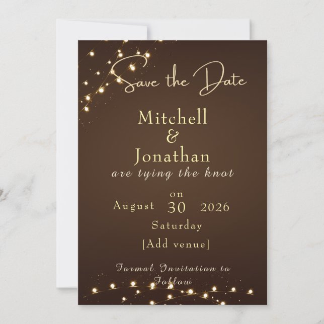 Elegant Brown & Gold String Lights wedding  Save The Date (Vorderseite)