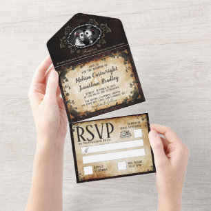 Elegant Brown Gothic Wedding Skeletts All In One Einladung