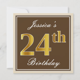 Elegant, Brown, Imitat-Gold24. Geburtstag + Name Einladung