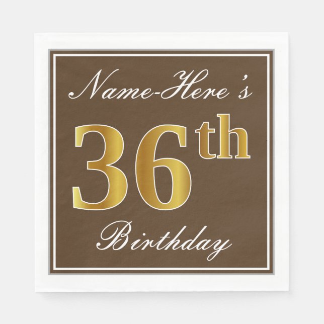 Elegant Brown, Imitate Gold 36. Geburtstag + Name Serviette (Vorderseite)