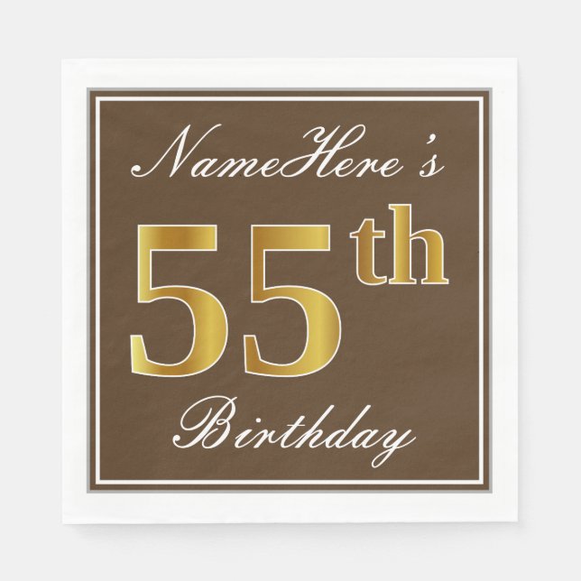 Elegant Brown, Imitate Gold 55. Geburtstag + Name Serviette (Vorderseite)