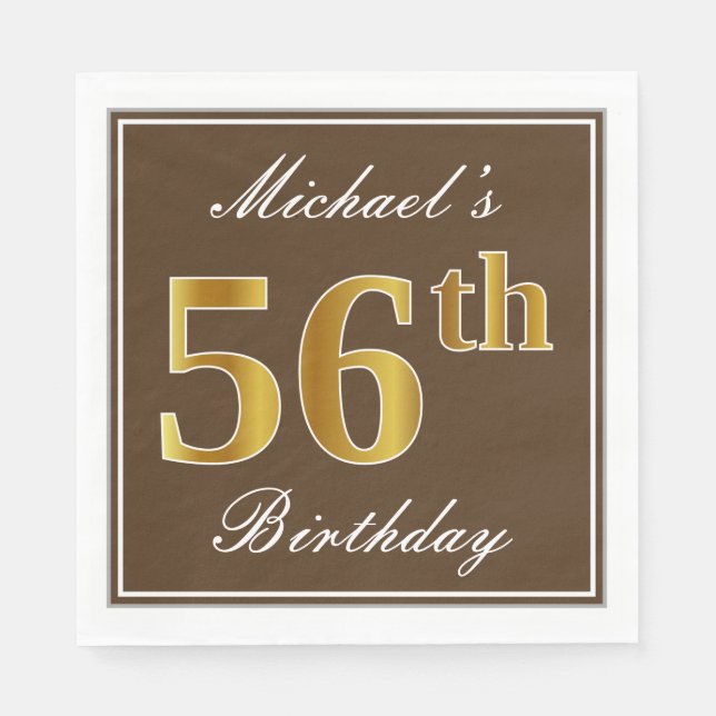 Elegant Brown, Imitate Gold 56. Geburtstag + Name Serviette (Vorderseite)