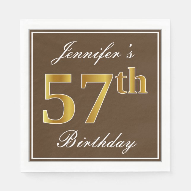 Elegant Brown, Imitate Gold 57. Geburtstag + Name Serviette (Vorderseite)