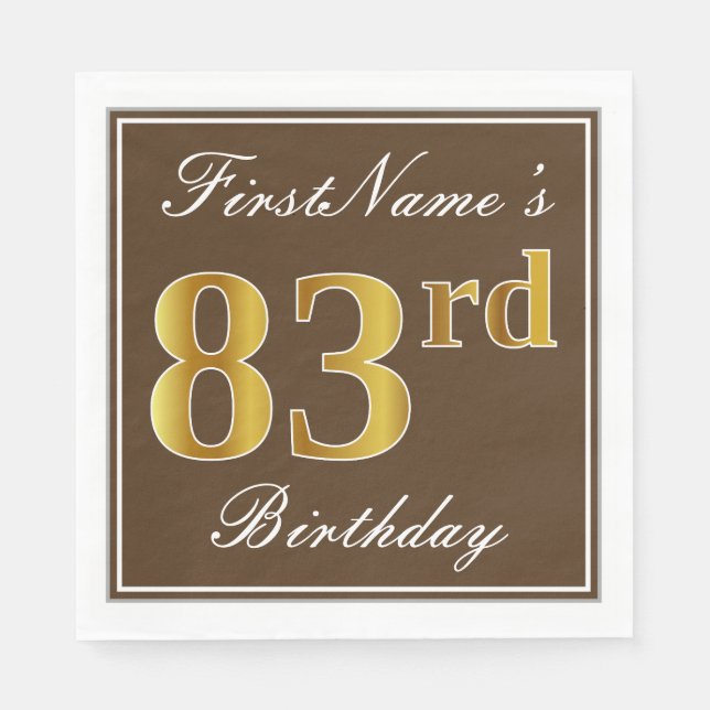 Elegant Brown, Imitate Gold 83. Geburtstag + Name Serviette (Vorderseite)