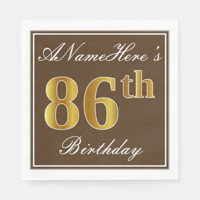 Elegant Brown, Imitate Gold 86. Geburtstag + Name Serviette (Vorderseite)