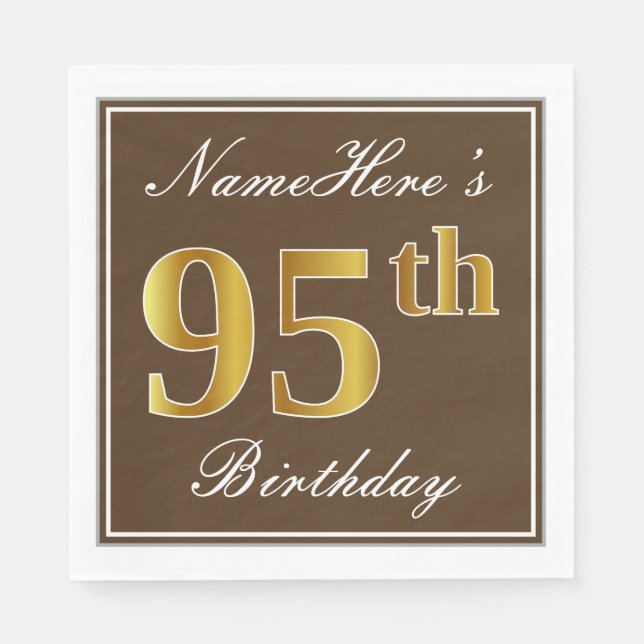 Elegant Brown, Imitats Gold 95. Geburtstag + Name Serviette (Vorderseite)