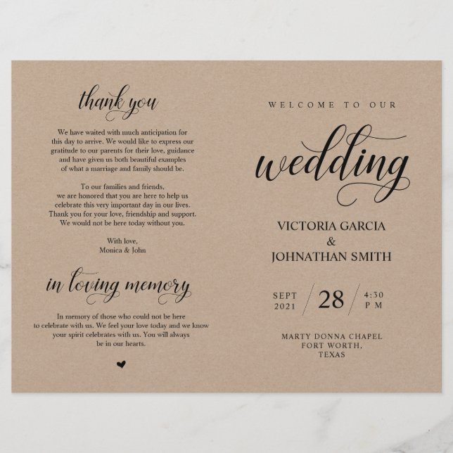 Elegant Brown Kraft, Wed Zeremony Foldable Program (Vorderseite)