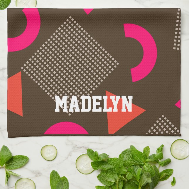 Elegant Brown Orange Geometric Personalized Name  Geschirrtuch (Gefaltet)