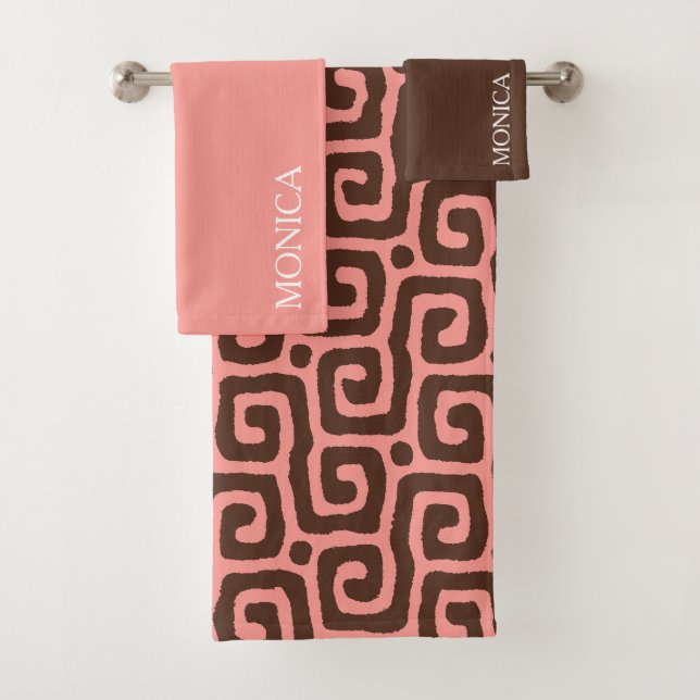 Elegant Brown Pink Abstract Script Name Towel Badhandtuch Set (Insitu)