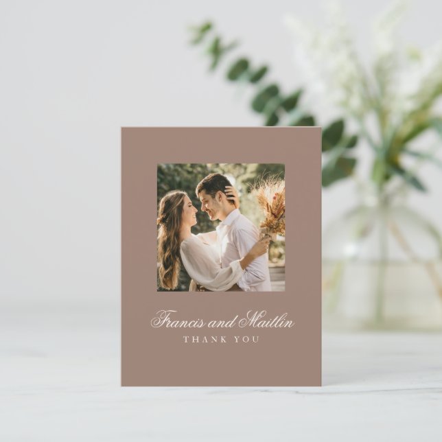Elegant Brown Romantic Photo Wedding Dankeskarte (Stehend Vorderseite)