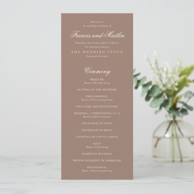 Elegant Brown Romantic Wedding Programm (Stehend Vorderseite)