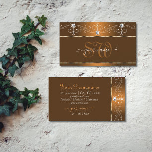 Elegant Brown Squiggles Sparkle Diamonds Initials Visitenkarte