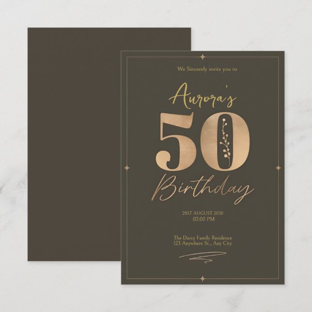 Elegant Brown und Beige 50. Geburtstag Einladung (Vorne/Hinten)