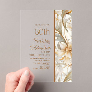 Elegant Brown Watercolor Floral 60. Geburtstag Acryleinladungen