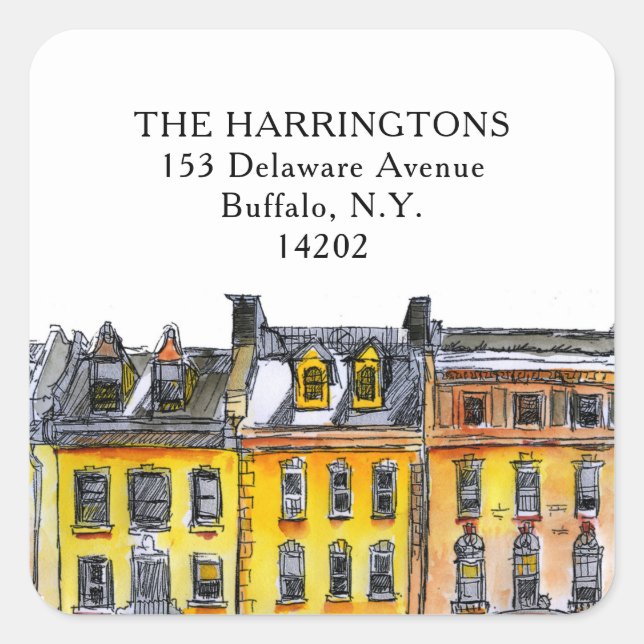 Elegant Brownstone Row Houses Hand Gezeichnet Adre Quadratischer Aufkleber (Vorderseite)