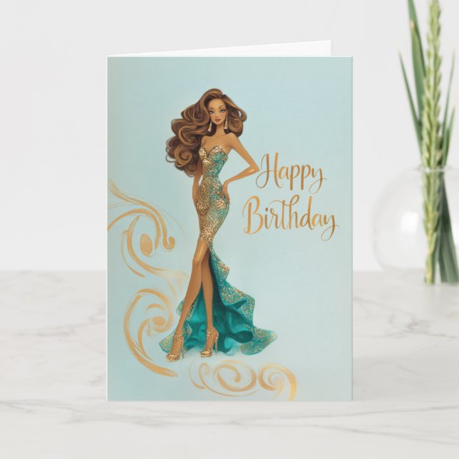 Elegant Brunette in Gold Teal Fashionista BDay Karte (Vorderseite)