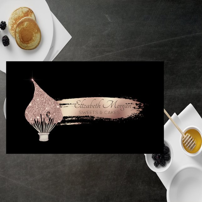 Elegant Brush Stroke Glitter Whisk Sweets Black Visitenkarte (Von Creator hochgeladen)