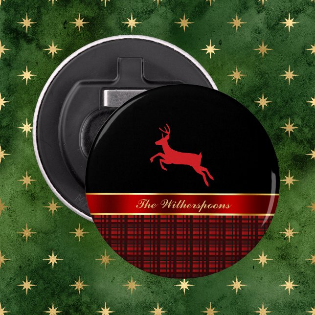 Elegant Buffalo Plaid with Reindeer and Red Ribbon Flaschenöffner (Von Creator hochgeladen)