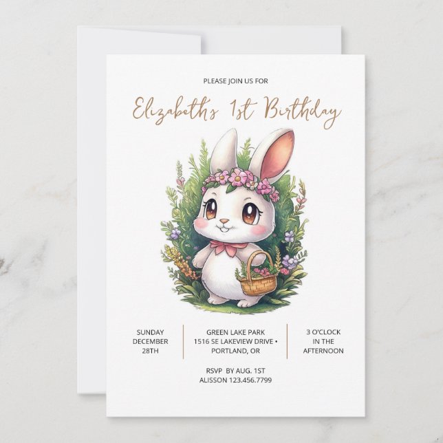 Elegant Bunny 1. Geburtstag Einladung (Vorderseite)