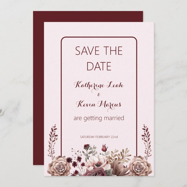 Elegant Burgandy Dusty Rose Save the Date floral Einladung (Vorne/Hinten)