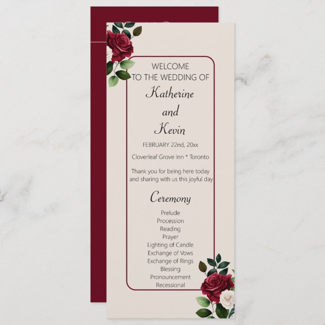 Elegant Burgandy Ivory Cream Floral Wedding Programm (Vorne/Hinten)