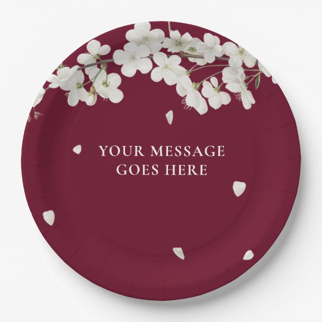 Elegant Burgund Bloral Wedding White Blossom Pappteller (Vorderseite)