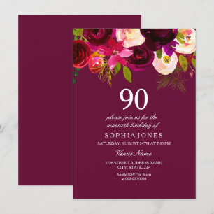 Elegant Burgund Blume 90. Geburtstag Einladung