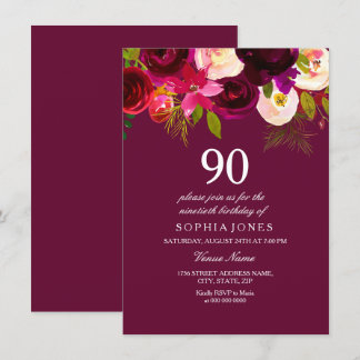 Elegant Burgund Blume 90. Geburtstag Einladung