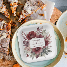 Elegant Burgund Floral Wasserfarbe Hochzeitsnamen Pappteller
