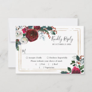 Elegant Burgund Winter Rose Grüne Hochzeit RSVP Karte