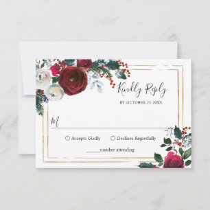 Elegant Burgund Winter Rose Grüne Hochzeit RSVP Karte