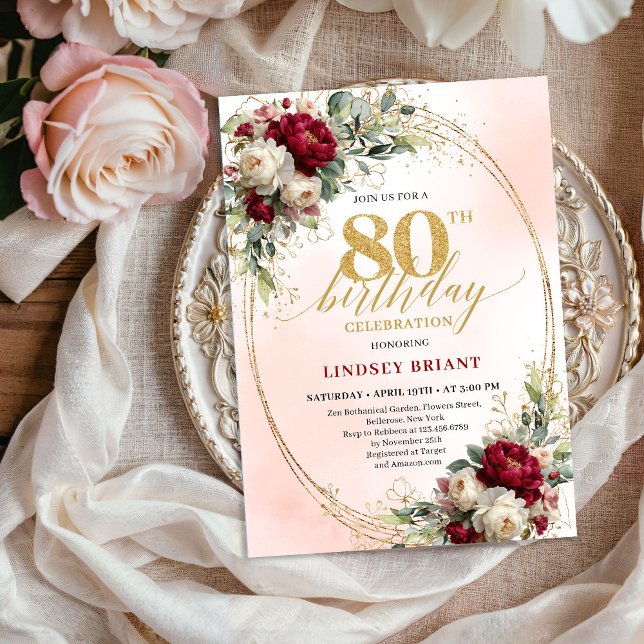 Elegant Burgunder Bohemian Blumen 80. Geburtstag  Einladung (Elegant Burgundy Bohemian Floral 80th Birthday Invite)
