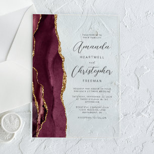 Elegant Burgunderrot Gold Achat Schrift Hochzeit Acryleinladungen