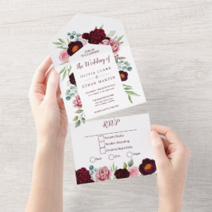 Elegant, Burgunderrot Marsala Aquarell-Blumen All In One Einladung
