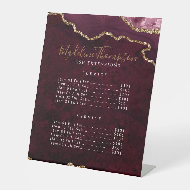 Elegant Burgundy Agate Geode Marble Services Preis Sockelschild (Vorderseite)