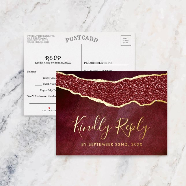 Elegant Burgundy Agate Wedding RSVP Real Folie Einladungspostkarte (Von Creator hochgeladen)