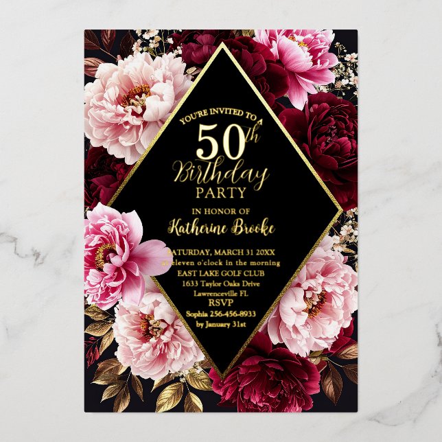 Elegant Burgundy and Blush Peony Floral Birthday Folieneinladung (Vorderseite)