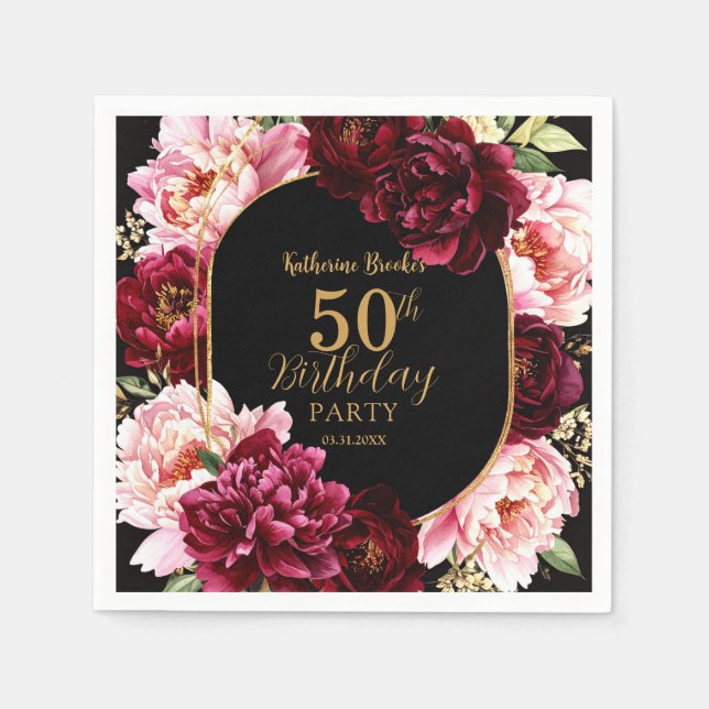 Elegant Burgundy and Blush Peony Floral Birthday Serviette (Vorderseite)