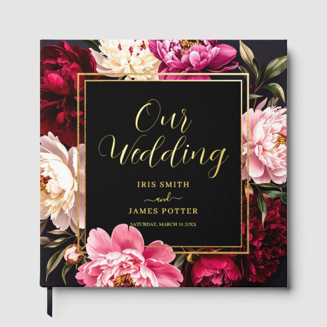 Elegant Burgundy and Blush Peony Floral Wedding Gästebuch (Vorderseite)