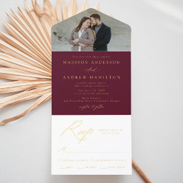 Elegant Burgundy and Gold Foil Calligraphy Wedding All-in-One-Einladung